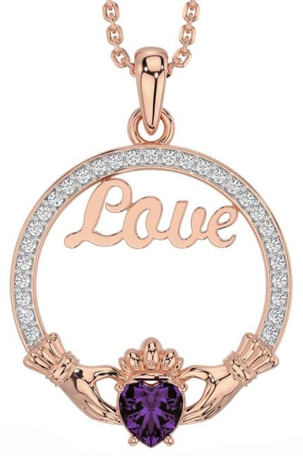 Diamond Alexandrite Rose Gold Claddagh Love Necklace