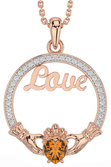 Diamond Citrine Rose Gold Claddagh Love Necklace