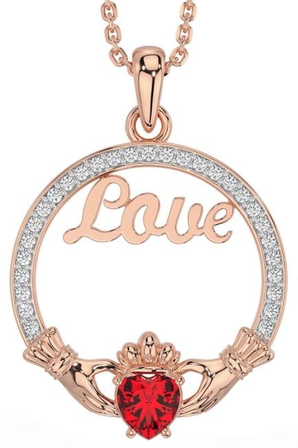 Diamond Ruby Rose Gold Claddagh Love Necklace