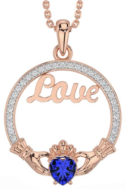 Diamond Sapphire Rose Gold Claddagh Love Necklace