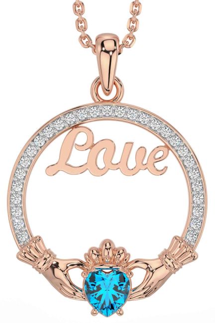 Diamond Topaz Rose Gold Claddagh Love Necklace