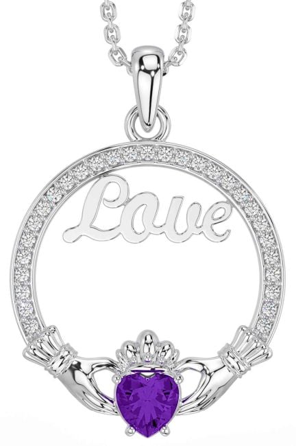 Diamond Amethyst Silver Claddagh Love Necklace