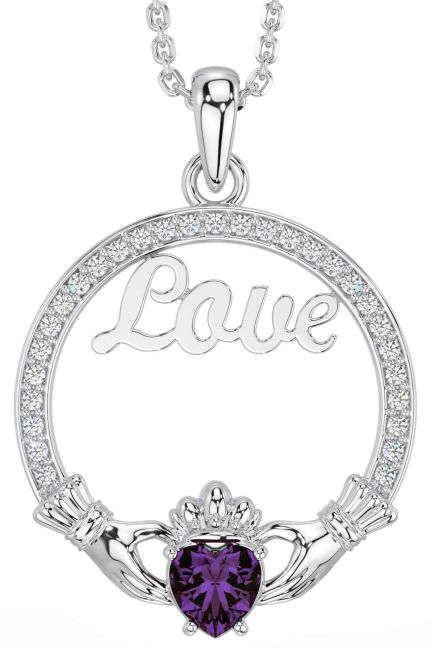 Diamond Alexandrite Silver Claddagh Love Necklace