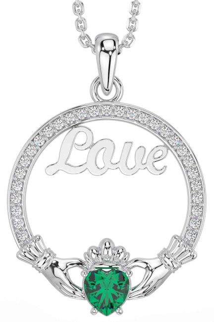 Diamond Emerald Silver Claddagh Love Necklace