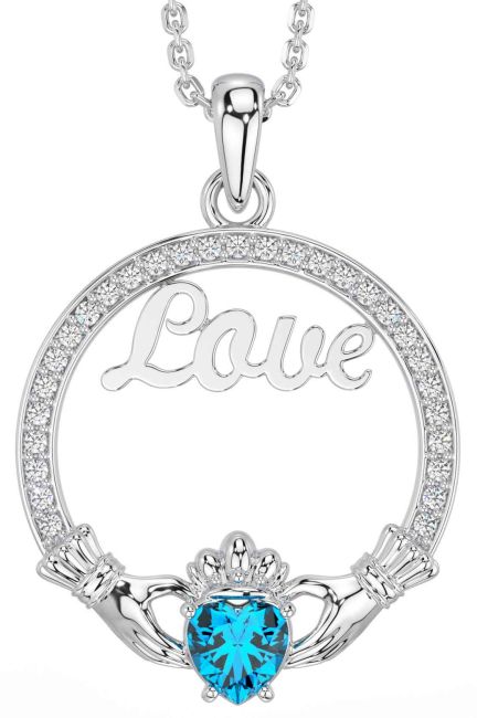 Diamond Topaz Silver Claddagh Love Necklace