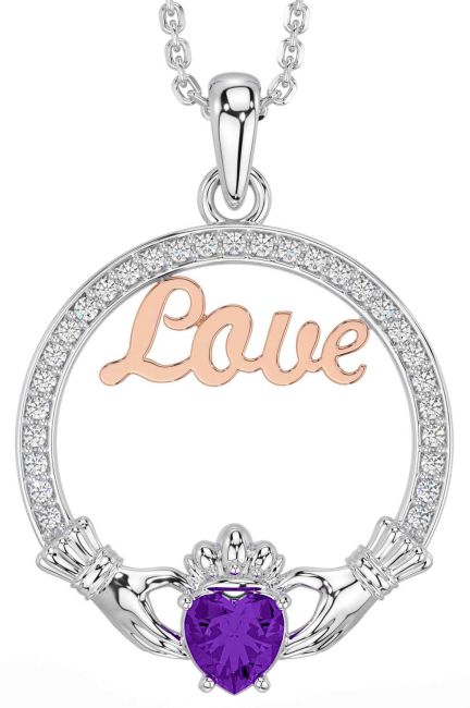 Diamond Amethyst Rose Gold Silver Claddagh Love Necklace