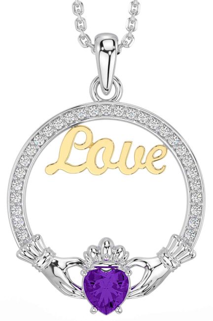Diamond Amethyst Gold Silver Claddagh Love Necklace