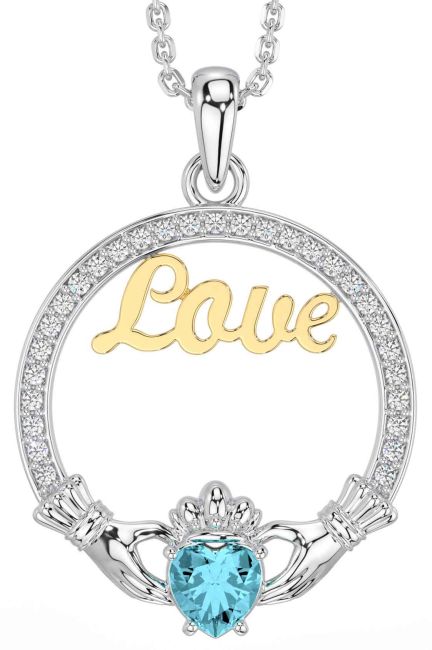 Diamond Aquamarine Gold Silver Claddagh Love Necklace