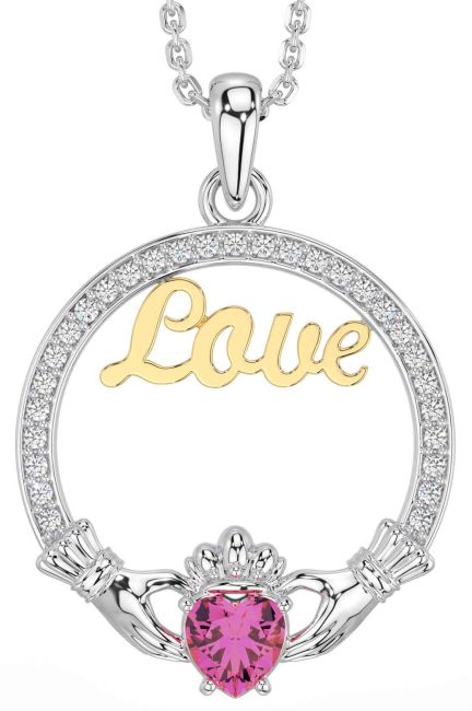 Diamond Pink Tourmaline Gold Silver Claddagh Love Necklace