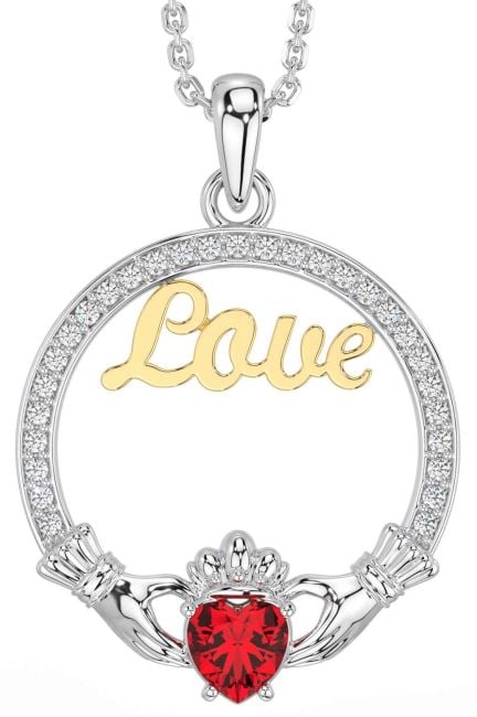 Diamond Ruby Gold Silver Claddagh Love Necklace