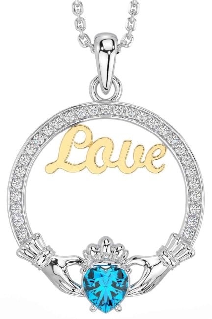 Diamond Topaz Gold Silver Claddagh Love Necklace