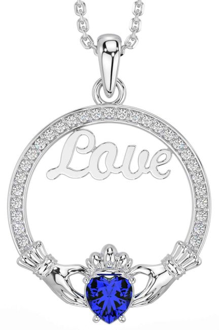 Diamond Sapphire White Gold Claddagh Love Necklace