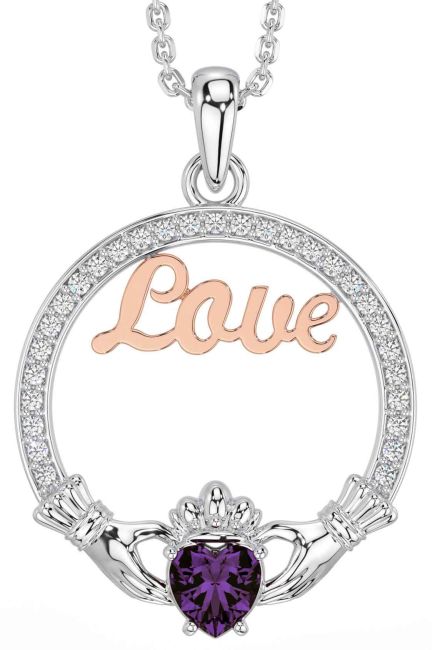 Diamond Alexandrite White Rose Gold Claddagh Love Necklace