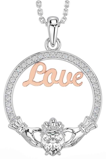 Diamond White Rose Gold Claddagh Love Necklace