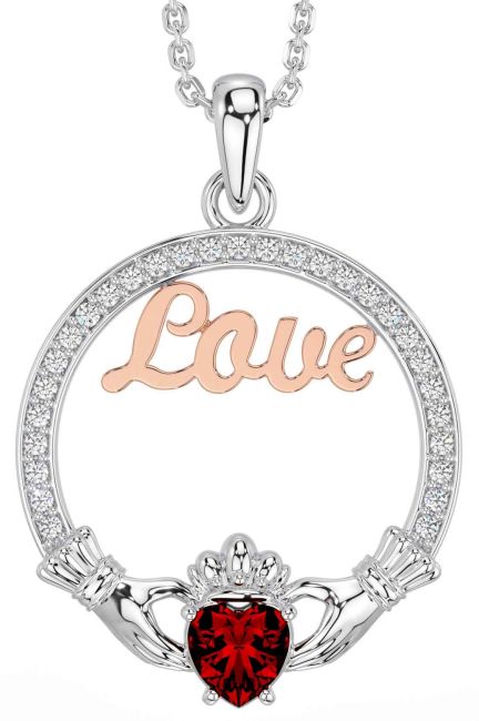 Diamond Garnet White Rose Gold Claddagh Love Necklace