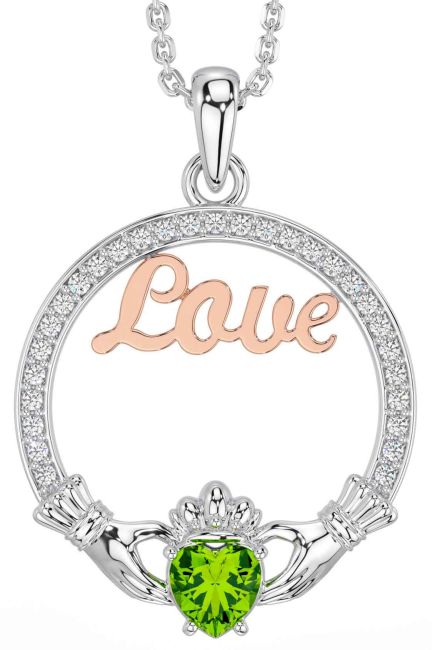Diamond Peridot White Rose Gold Claddagh Love Necklace