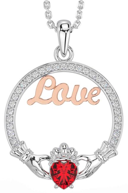 Diamond Ruby White Rose Gold Claddagh Love Necklace