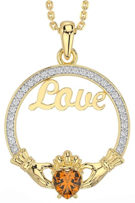 Diamond Citrine Gold Claddagh Love Necklace