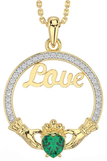 Diamond Emerald Gold Claddagh Love Necklace