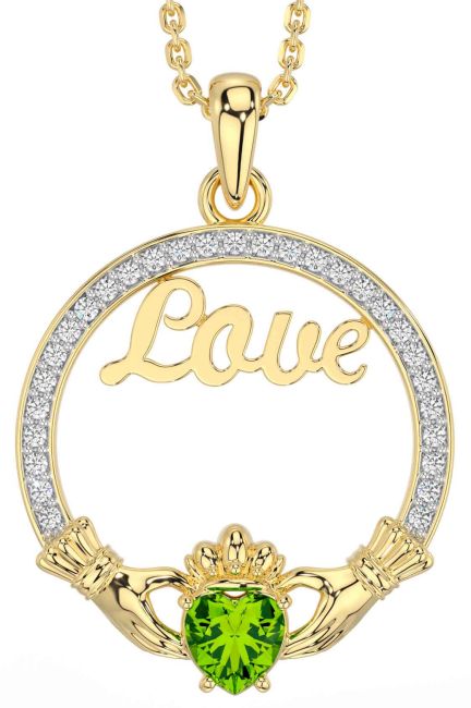 Diamond Peridot Gold Claddagh Love Necklace
