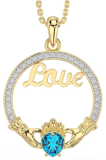 Diamond Topaz Gold Claddagh Love Necklace