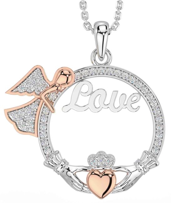 Diamond Rose Gold Silver Claddagh Angel Love Necklace