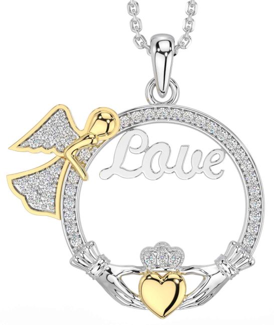 Diamond Gold Silver Claddagh Angel Love Necklace