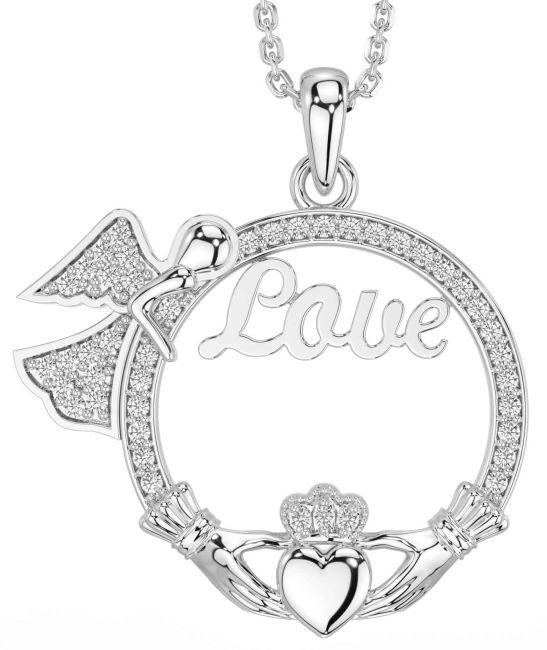 Diamond Silver Claddagh Angel Love Necklace