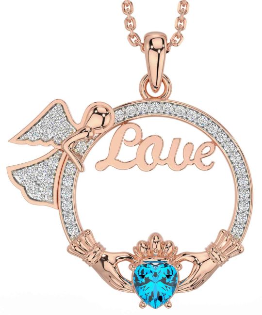 Diamond Topaz Rose Gold Silver Claddagh Angel Love Necklace