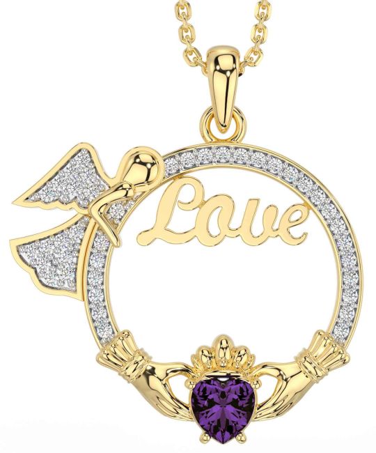 Diamond Alexandrite Gold Silver Claddagh Angel Love Necklace