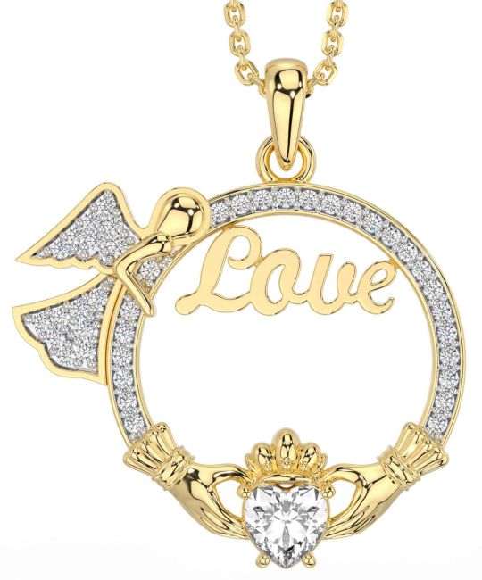 Diamond Gold Silver Claddagh Angel Love Necklace