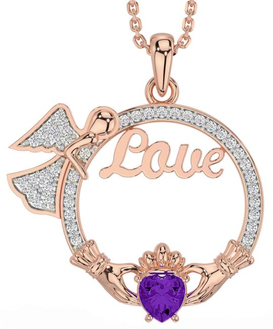 Diamond Amethyst Rose Gold Claddagh Angel Love Necklace
