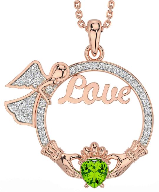 Diamond Peridot Rose Gold Claddagh Angel Love Necklace