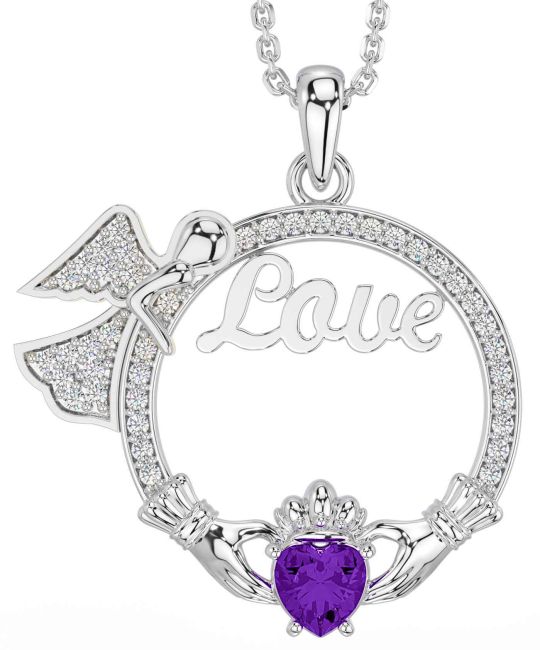 Diamond Amethyst Silver Claddagh Angel Love Necklace