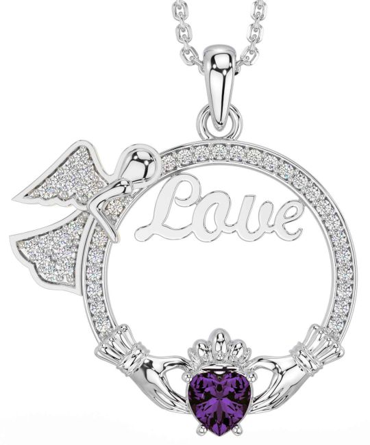 Diamond Alexandrite Silver Claddagh Angel Love Necklace