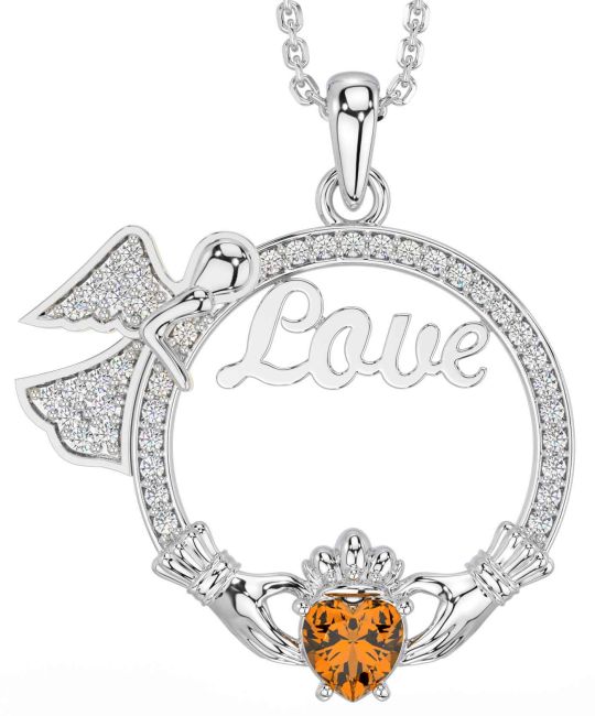 Diamond Citrine Silver Claddagh Angel Love Necklace