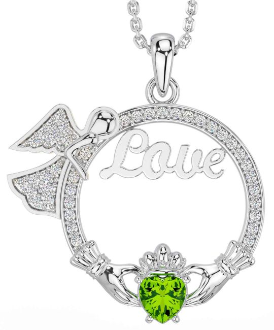 Diamond Peridot Silver Claddagh Angel Love Necklace