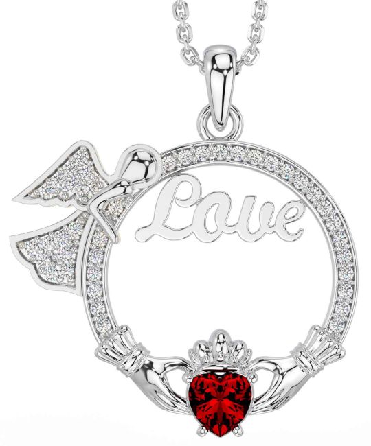 Diamond Garnet White Gold Claddagh Angel Love Necklace