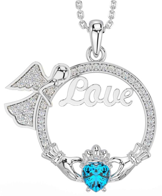 Diamond Topaz White Gold Claddagh Angel Love Necklace