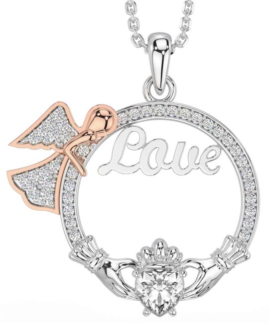 Diamond White Rose Gold Claddagh Angel Love Necklace