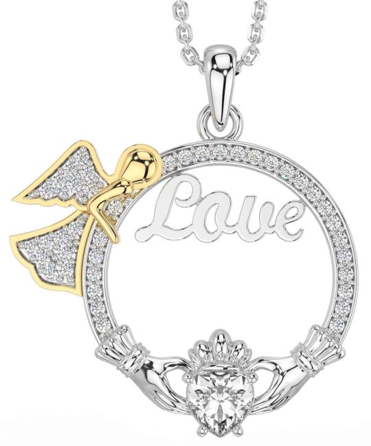 Diamond White Yellow Gold Claddagh Angel Love Necklace