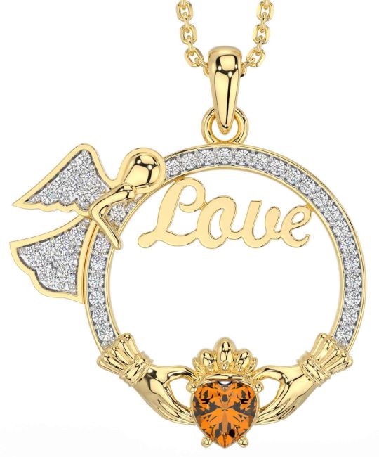Diamond Citrine Gold Claddagh Angel Love Necklace