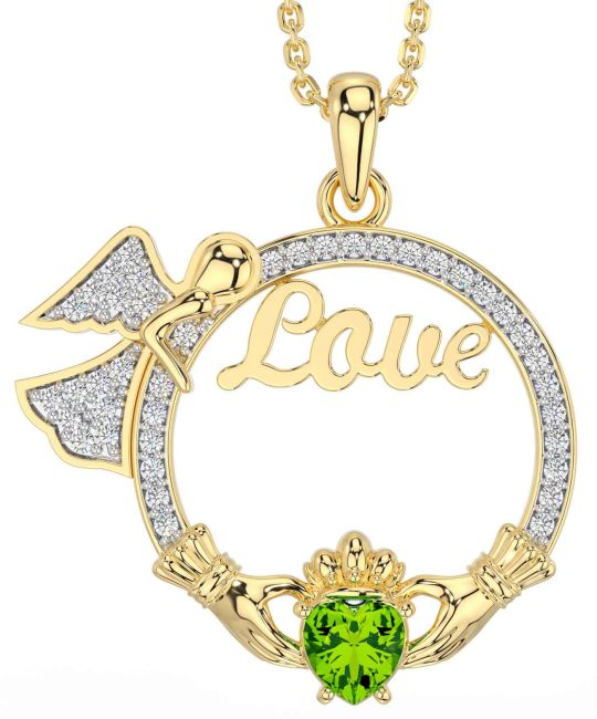 Diamond Peridot Gold Claddagh Angel Love Necklace