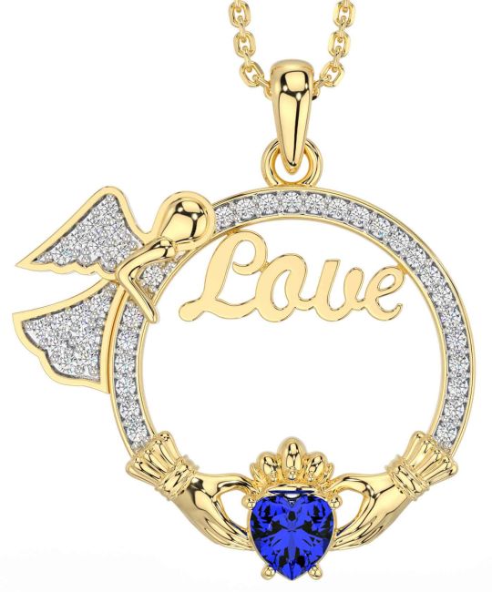Diamond Sapphire Gold Claddagh Angel Love Necklace