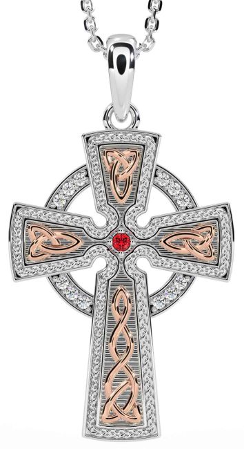 Diamond Ruby Rose Gold Silver Celtic Cross Knot Necklace