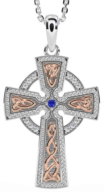 Diamond Sapphire Rose Gold Silver Celtic Cross Knot Necklace