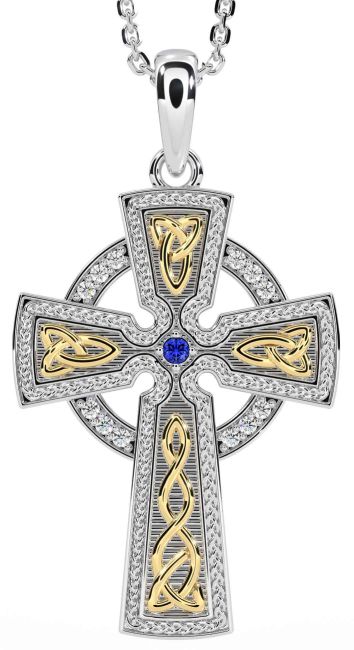 Diamond Sapphire Gold Silver Celtic Cross Knot Necklace