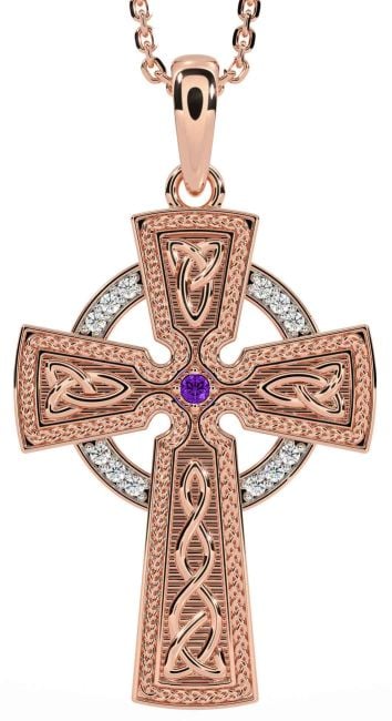 Diamond Amethyst Rose Gold Silver Celtic Cross Knot Necklace