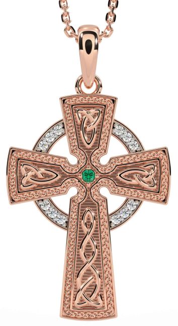 Diamond Emerald Rose Gold Silver Celtic Cross Knot Necklace