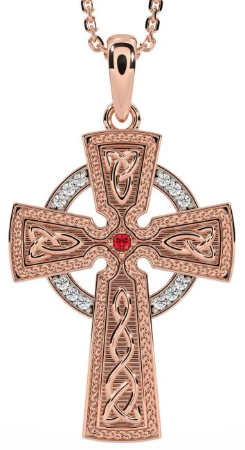 Diamond Ruby Rose Gold Silver Celtic Cross Knot Necklace